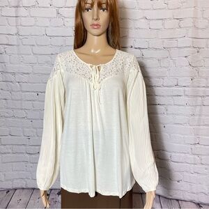 Avec Ivory Lace Trim Long Pleated Sleeve Tie-Neck Blouse Size L